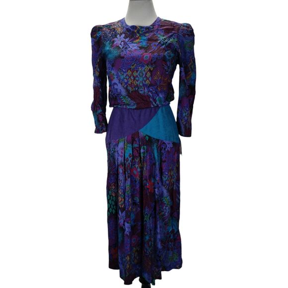 True Vintage Dresses & Skirts - Vintage 80s Secretary Midi Dress Size S/M Rayon Purple Boho Floral Print